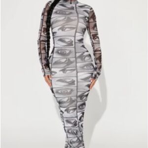 Fashion Nova Monochrome Eye-Print Long Sleeve Dress